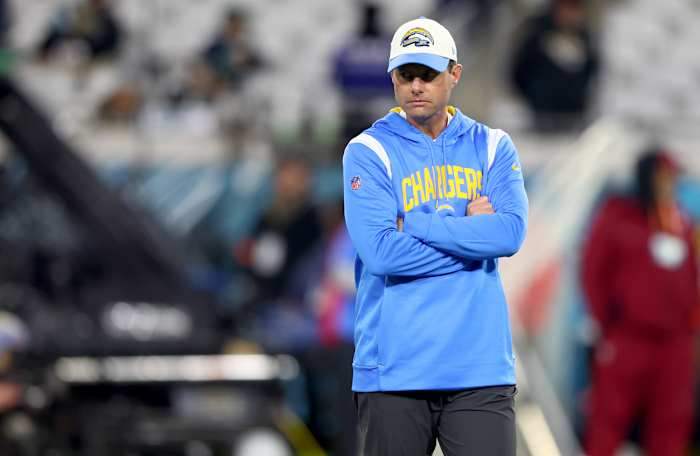 Jan 14, 2023; Jacksonville, Florida, USA; Los Angeles Chargers head coach Brandon Staley before a wild card game against the Jacksonville Jaguars at TIAA Bank Field. Mandatory Credit: Mark J. Rebilas-USA TODAY Sports